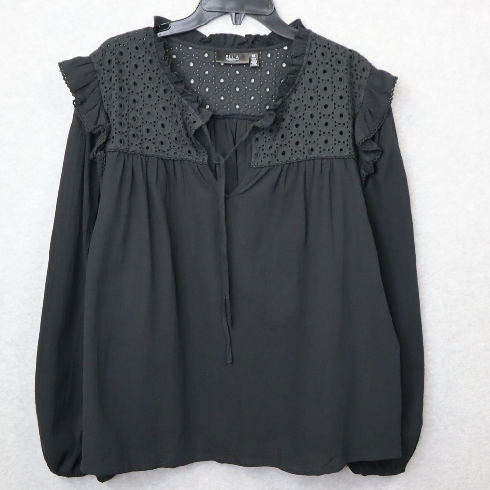 Ella Rafaella Eyelet Top Womens Plus 1X Cotton Ruffles Black Peasant